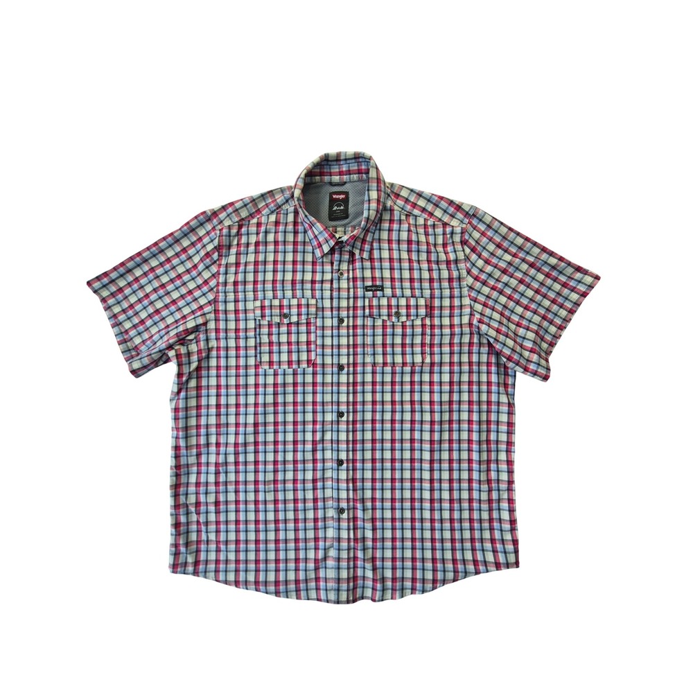 Wrangler Mens 2XL Regular Fit Plaid Short Sleeve Button Down Shirt Red Blue